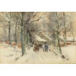 Louis Reckelbus - Watercolour snow scene of a horse and cart in a tree-lined avenue, mounted and