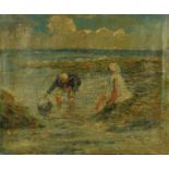 Unframed oil onto canvas of children playing in the sea, bearing an indistinct signature to the