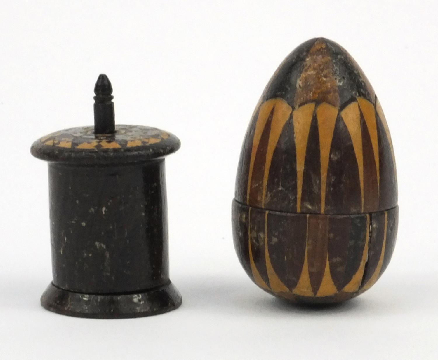 Victorian wooden Tunbridge ware egg-shaped thimble holder, together with a tape measure, the largest - Image 2 of 4