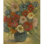 Oil onto canvas view of still life flowers in a vase, bearing an indistinct signature to the lower