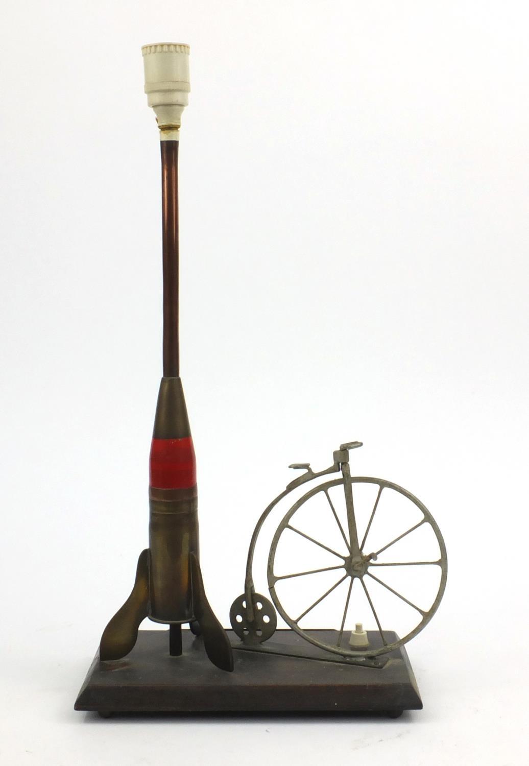 Military interest trench art table light titled 'Travel Through The Ages', raised on an oak base, - Image 7 of 11