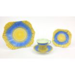 Art Deco Shelley blue and yellow drip ware trio, together with a matching sandwich plate, the cup