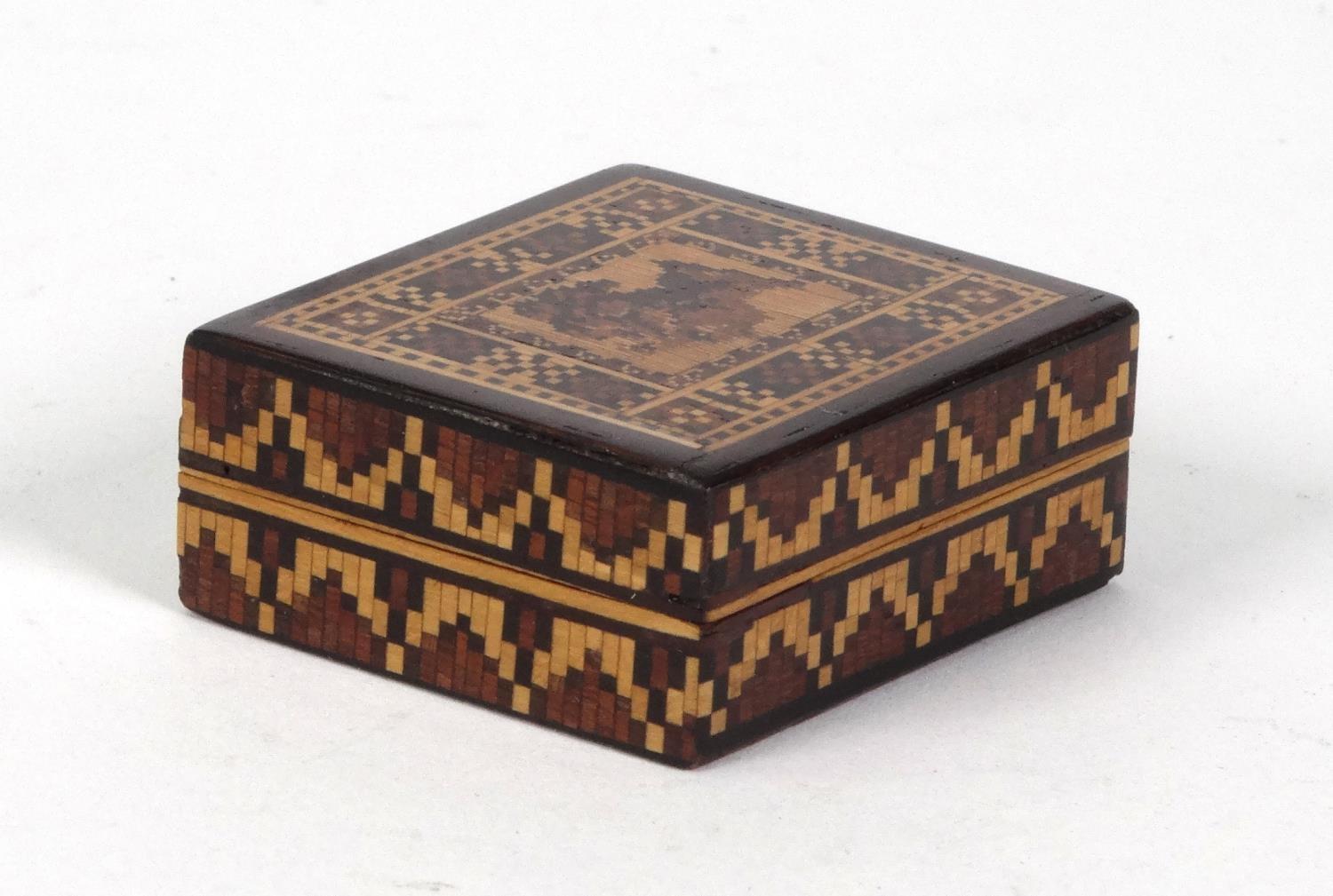 Victorian wooden Tunbridge ware stamp box decorated with a bust of Queen Victoria, 4cm x 3.5cm - Image 3 of 6