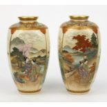 Pair of oriental Japanese Satsuma pottery vases hand painted with panels of flowers and birds,