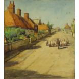 Charles F. Humphrey - Watercolour of a farmer with sheep in a street , mounted and framed, 24cm x
