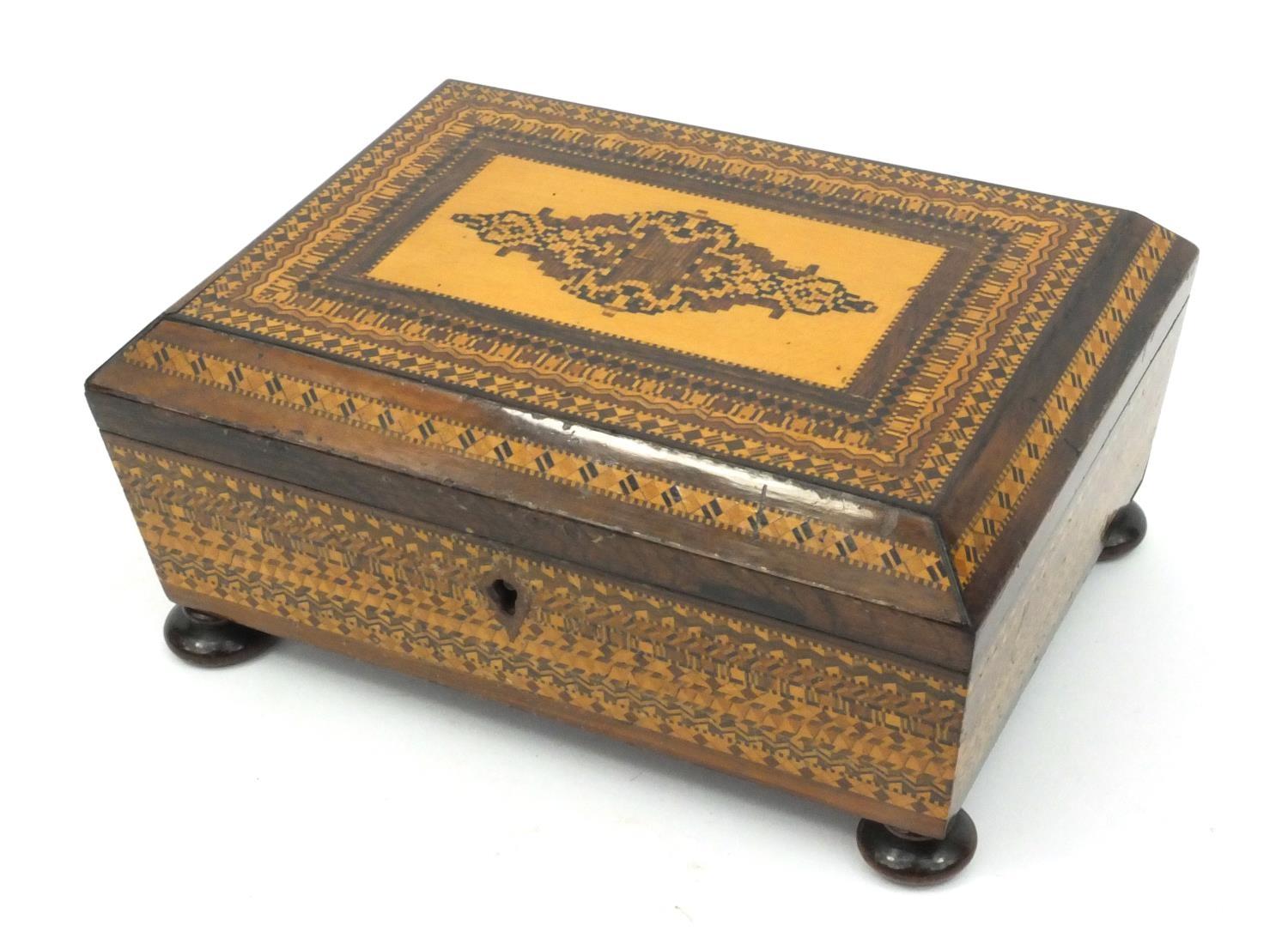 Victorian wooden Tunbridge ware box on bun feet, 20cm diameter