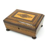 Victorian wooden Tunbridge ware box on bun feet, 20cm diameter