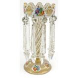 Victorian opaline glass lustre with hand painted flowers and cut glass drops