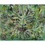 Ken Cox - Oil onto paper abstract composition titled 'The Green Man', dated 89, Ken Cox label to the