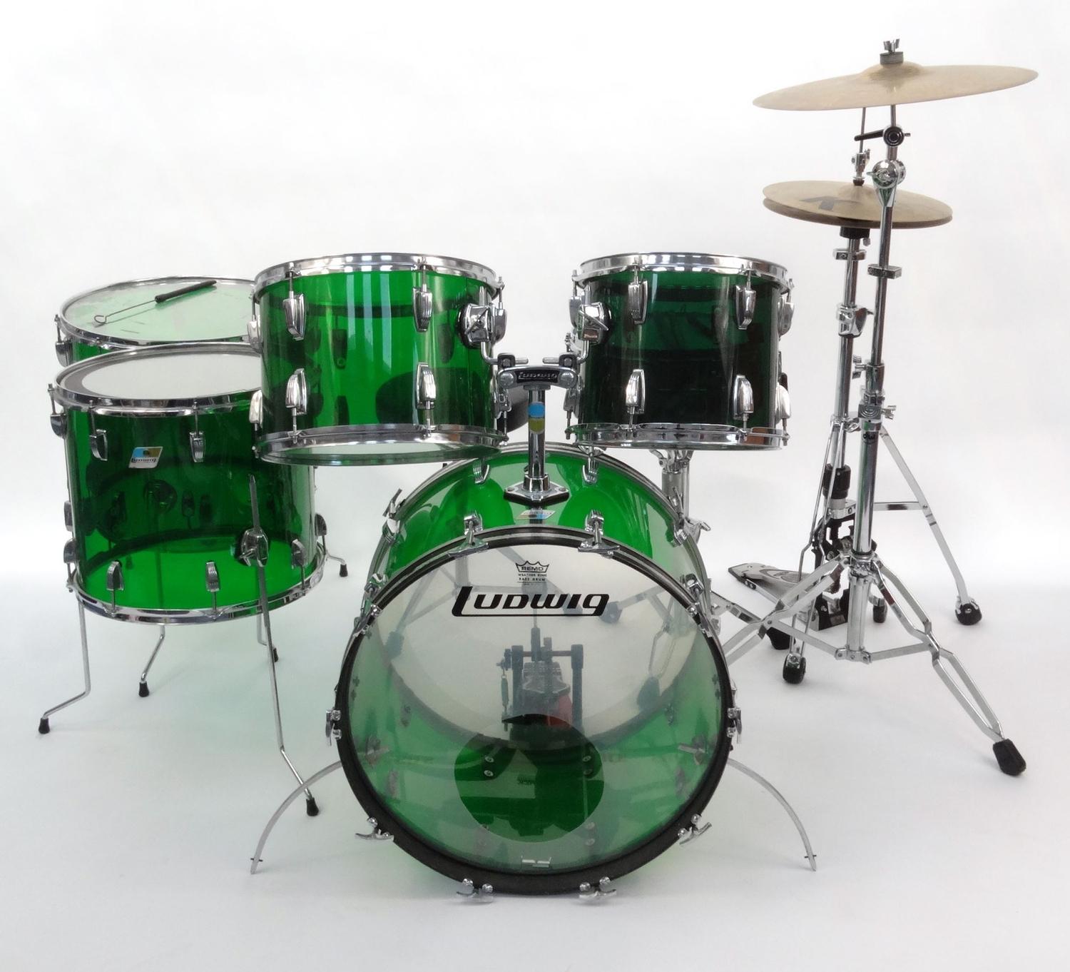 Five piece 1970s Ludwig green Vistalite drum kit comprising 22inch base drum, 12 and 14inch toms, 16