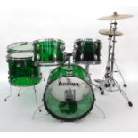 Five piece 1970s Ludwig green Vistalite drum kit comprising 22inch base drum, 12 and 14inch toms, 16