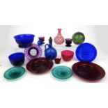 White overlaid cranberry glass carafe, Bristol Blue decanter, various blue bowls, plates, amethyst