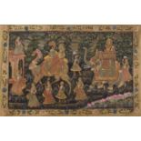 Middle Eastern painting onto silk of figures on elephants etc, 79cm tall
