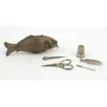 Novelty sewing interest silver plated brass fish nécessaire fitted with silver accessories including