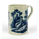 Worcester porcelain tankard printed with oriental Chinese figures, 12cm high The top of the handle