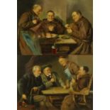 Pair of Victorian oleographs of monks eating and playing cards, housed in contemporary frames,