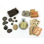 Chronometer, sovereign case holder, military mourning pendant with a portrait of a soldier, coins,