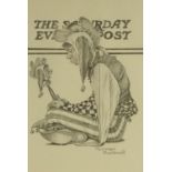 After Norman Rockwell - Pencil sketch of a seated clown with advert for 'The Saturday Evening