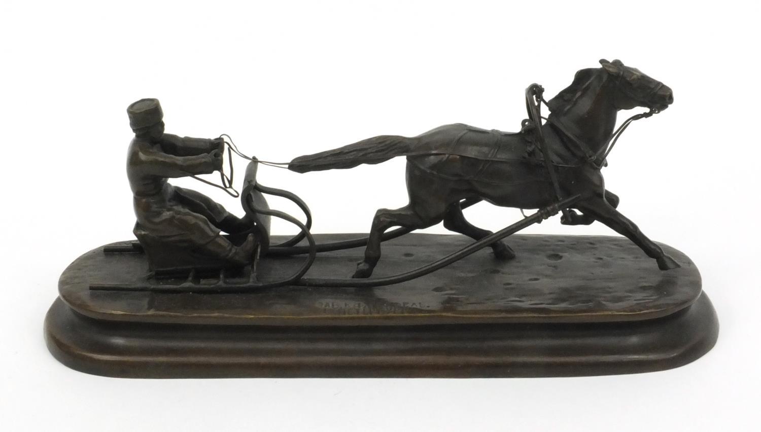 Russian bronze model of a horse and sleigh signed C. Metepbypprb?, 23cm high - Image 3 of 7