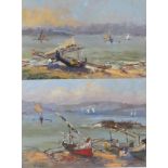 W. Davies - Pair of watercolours of moored boats, mounted and framed, each 47cm x 32cm excluding the