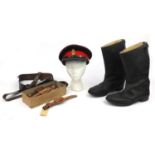 Group of military interest items including - visor cap with cap badge, brown leather belt, a pair of