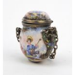 Continental unmarked silver and enamel vinaigrette hand painted with musicians and lovers, with