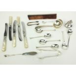 Group of silver and white metal items including set of six silver teaspoons, cake slice, silver