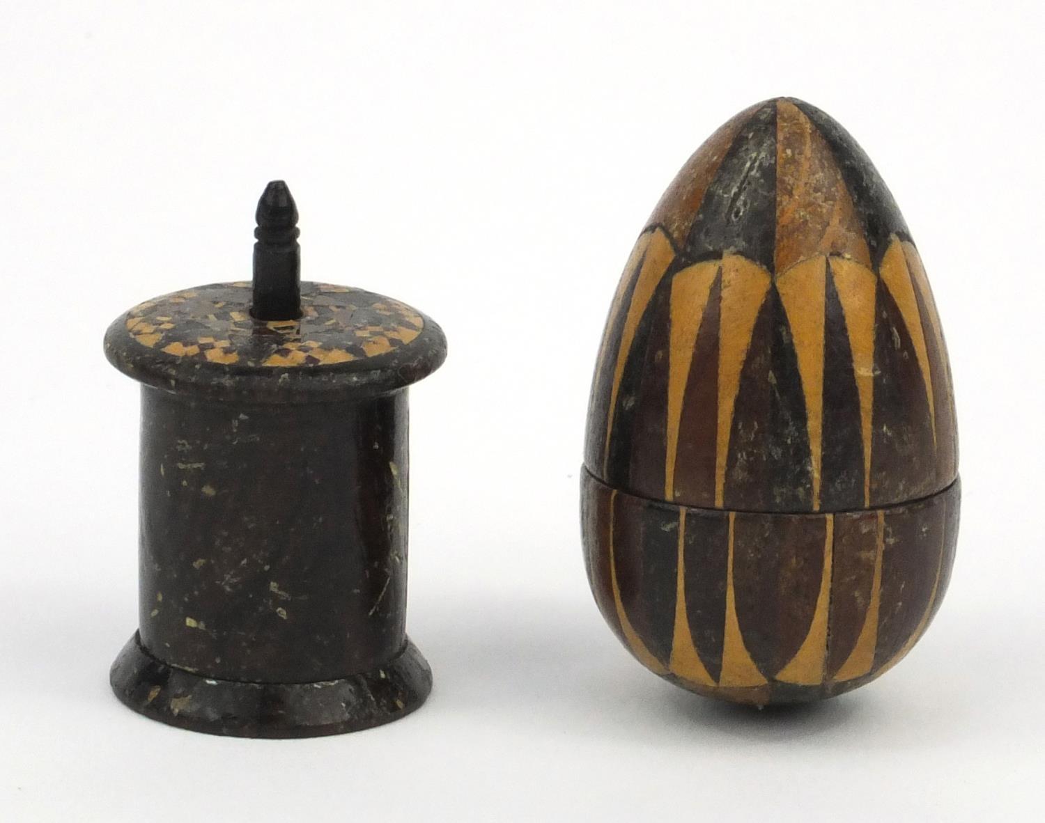 Victorian wooden Tunbridge ware egg-shaped thimble holder, together with a tape measure, the largest - Image 3 of 4
