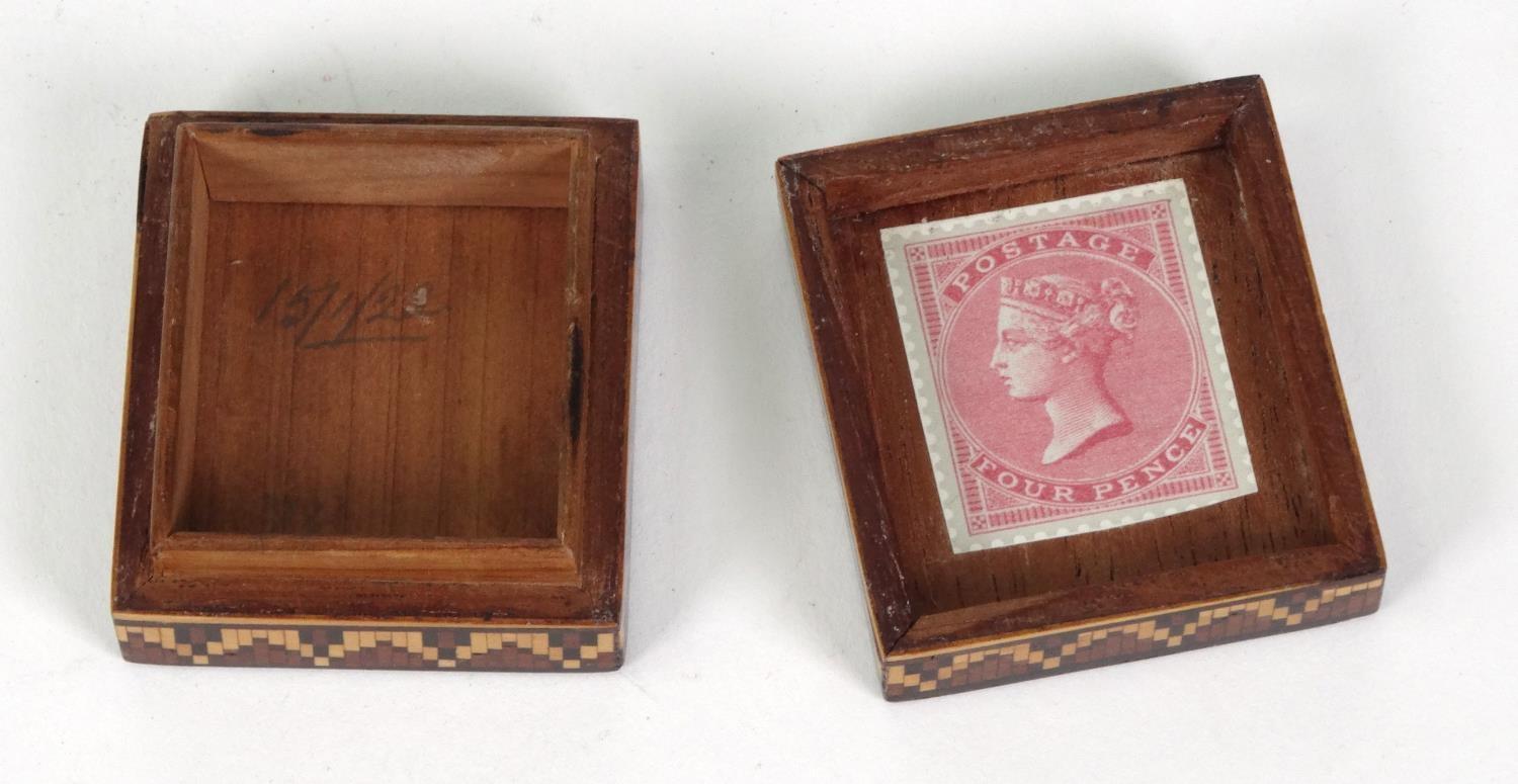 Victorian wooden Tunbridge ware stamp box decorated with a bust of Queen Victoria, 4cm x 3.5cm - Image 4 of 6