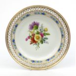 Continental Berlin pierced porcelain plate hand painted with flowers, 24cm diameter Generally good