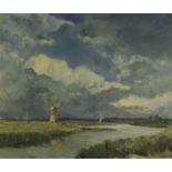 Oil onto board of a marsh-lined river before a windmill, bearing a signature Juhan Phipps 52,