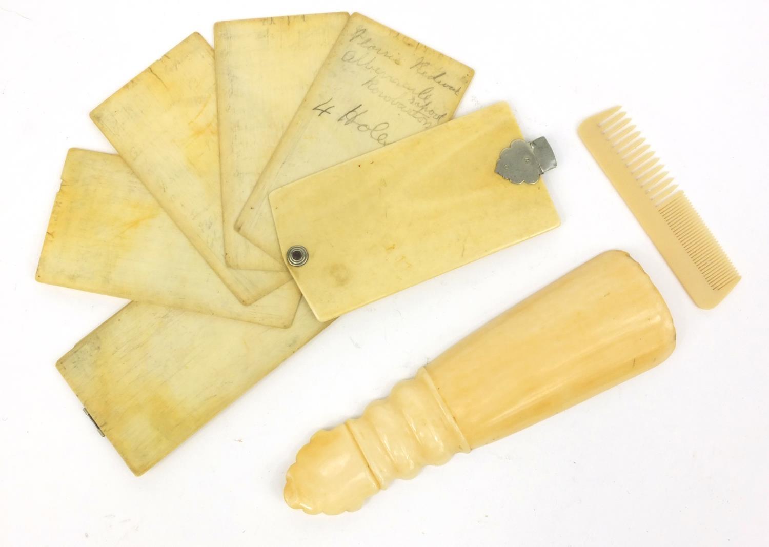 Ivory aide de memoire, ivory shoe horn and a child's comb, the largest 12cm long - Image 4 of 4