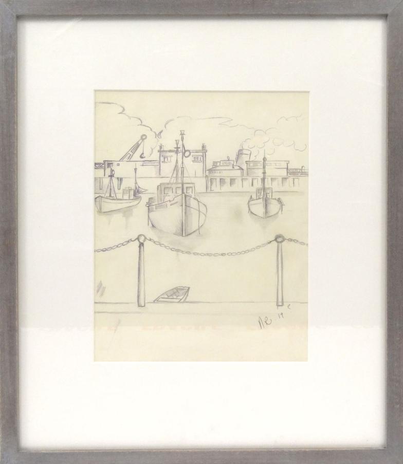 Noel Reading graphite onto paper of a port scene, signed and dated NR 19?, 24cm x 18.5cm (This lot - Image 2 of 4