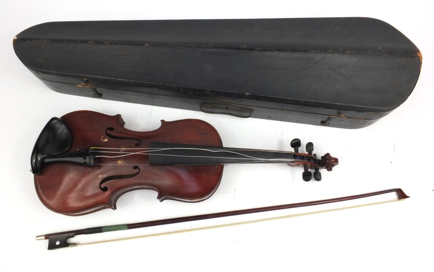 Old wooden violin, stamped John D. Murdoch & Co, with bow stamped 'Czechoslovakia' - Image 14 of 14