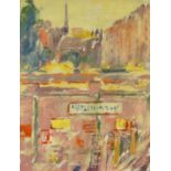 Oil onto canvas laid onto board abstract composition of a town scene, bearing a signature S.F. Gore,