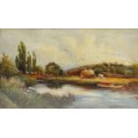 Norman Fowler Willatt - Watercolour of a lake and haymaking scene, gilt framed 84cm x 49cm