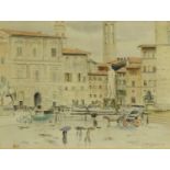 Watercolour view of a Florentine square with a water fountain, titled to the lower right, label to