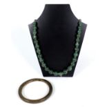 Oriental Chinese jade necklace, together with a bronze anklet