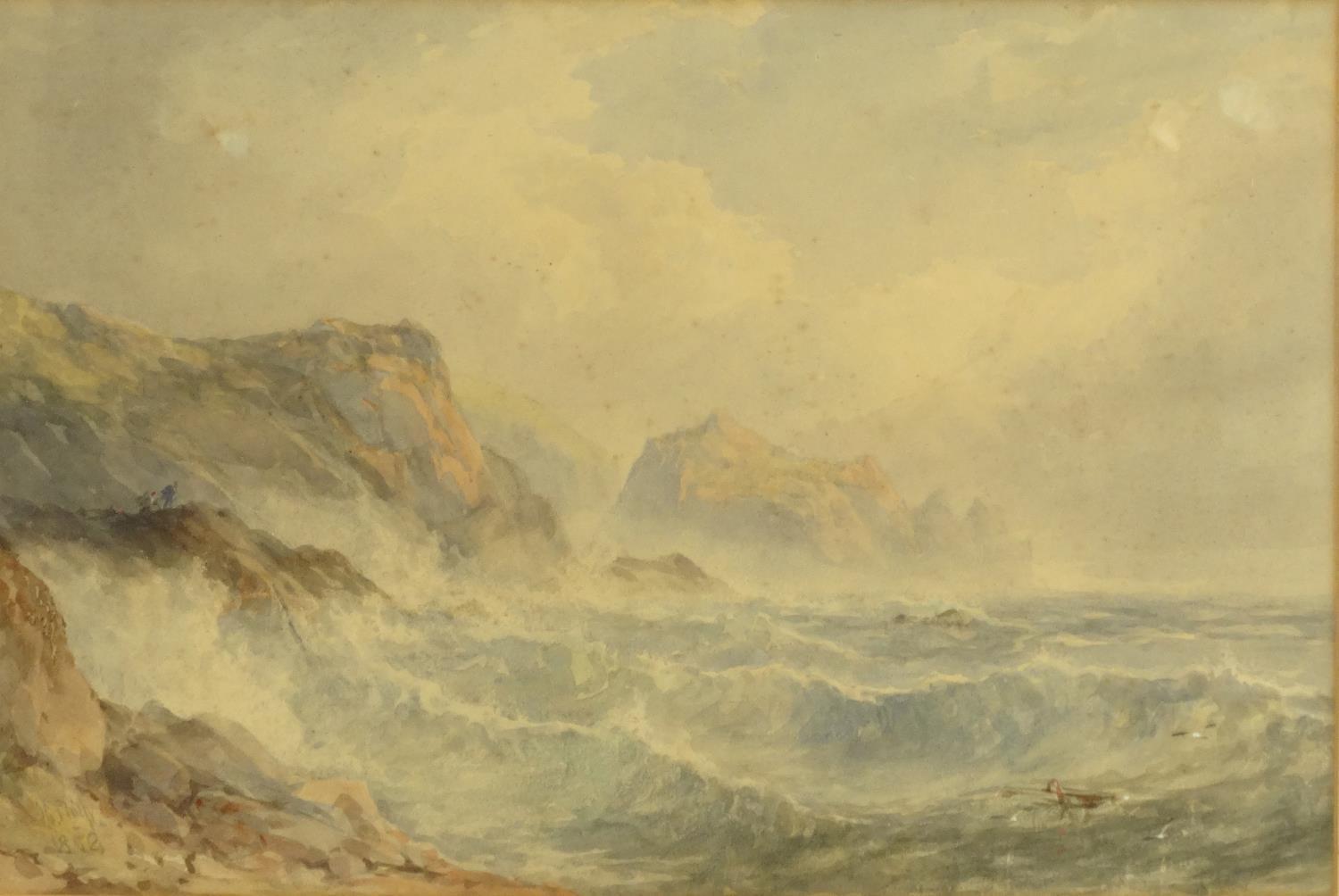 J. Philp - Watercolour titled 'Cornish Sea Coast', signed and dated 1858, mounted and framed, 41cm x