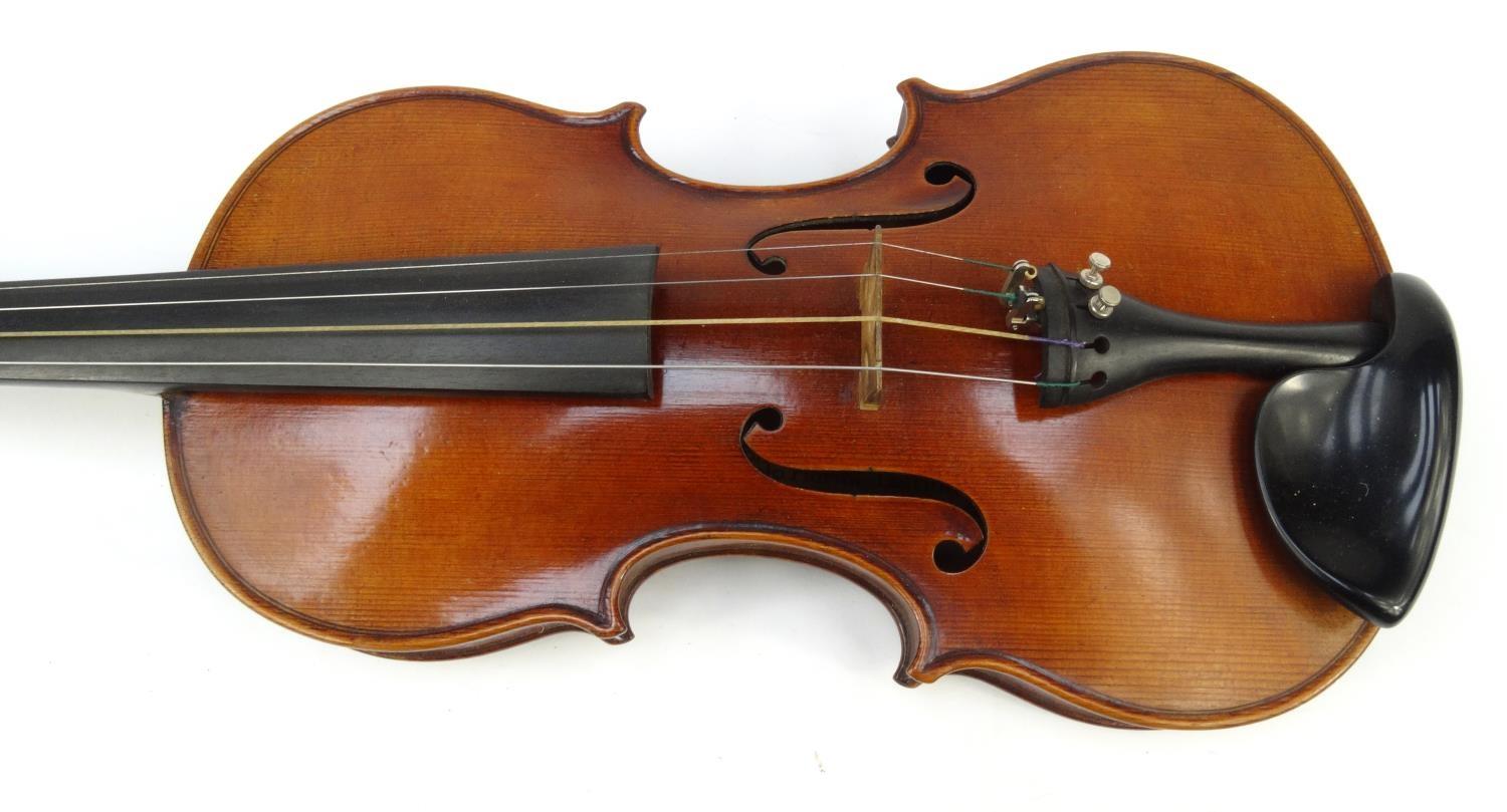 Cased wooden violin with paper label 'Paolo Fiorini Taurini 1928', the back 37cm long - Image 2 of 13