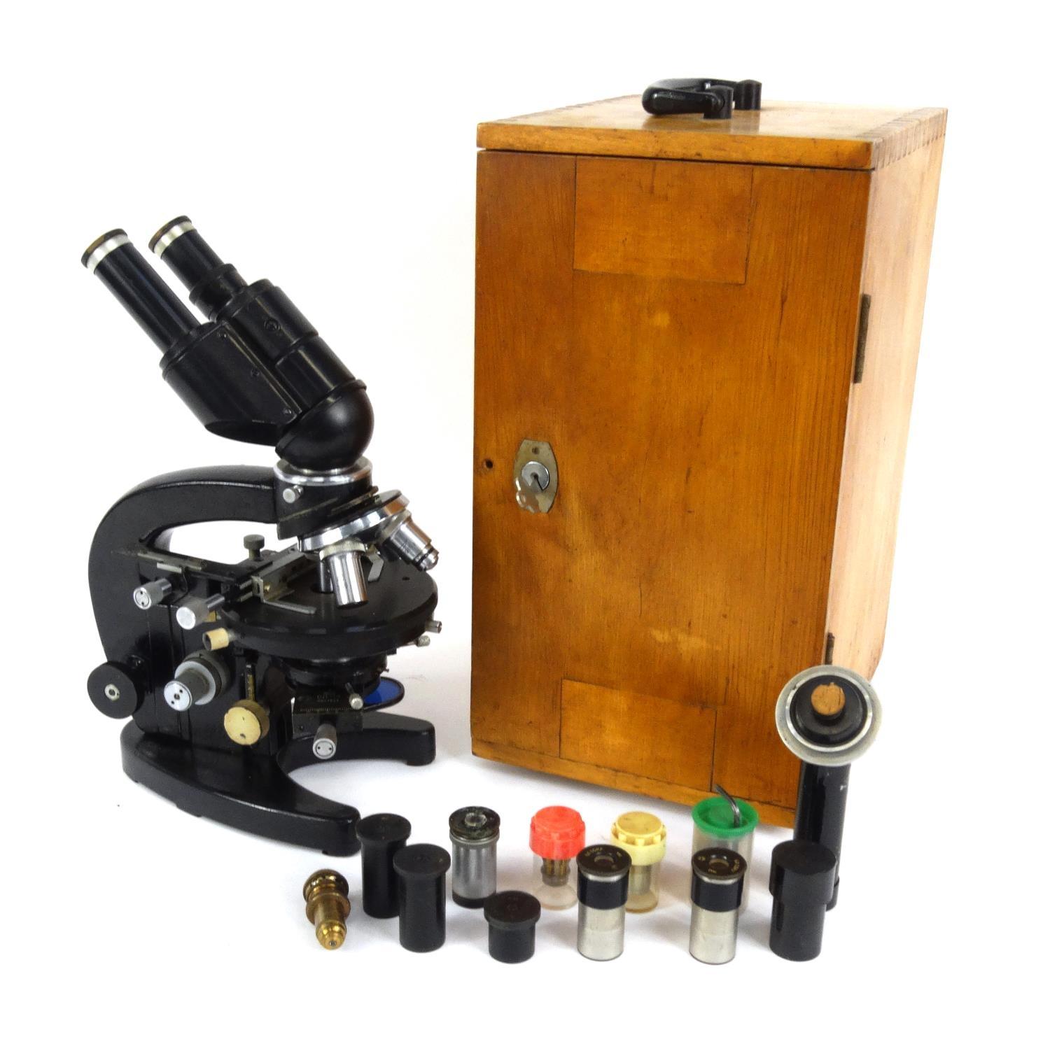 Russian microscope with extra lenses including some C. Baker of London examples, housed in a