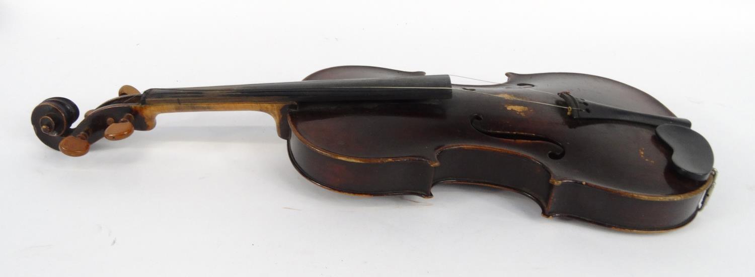 Old wooden violin and a bow with mother of pearl frog, the violin 59cm long - Image 4 of 20