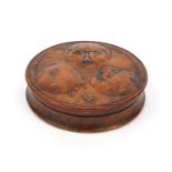 19th Century French fruitwood snuff box with tortoiseshell lined interior, the lid decorated in with