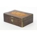 Victorian olive wood box decorated with a scrolled paperwork top and silver plated edging, 19cm wide