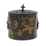 Regency pewter toleware tea caddy hand painted with flowers and insects, 13cm high