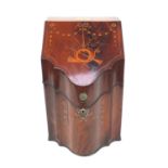 Mahogany stationary box with fitted interior, the lid inlaid with bows, swags and horns, 37cm high x