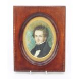 Oval watercolour portrait miniature of a gentleman housed in a mahogany frame, overall 20cm x 15cm