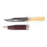 Sheffield clip-point Bowie knife with ivory handle and leather sheath, the blade stamped 'Viva La