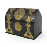 Victorian coromandel brass bound stationery box with cabochon hardstone roundels, 24cm wide