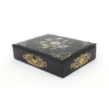 Victorian mother of pearl inlaid black lacquered workbox, the lid with floral decoration and